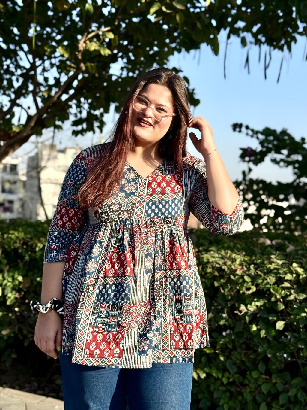 Women's Indigo Blue Ajrakh Print Cotton Peplum Kurti Top