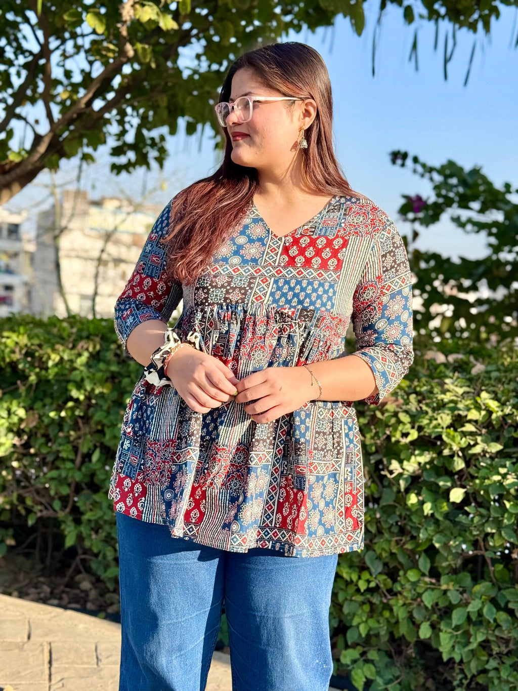 Women's Indigo Blue Ajrakh Print Cotton Peplum Kurti Top