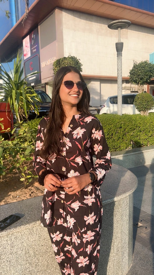Black Floral Printed Women’s Cotton Kurta & Pant Set