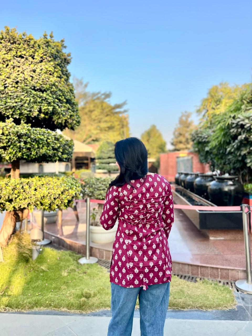 Wine Printed Cotton Kurti Top for Women