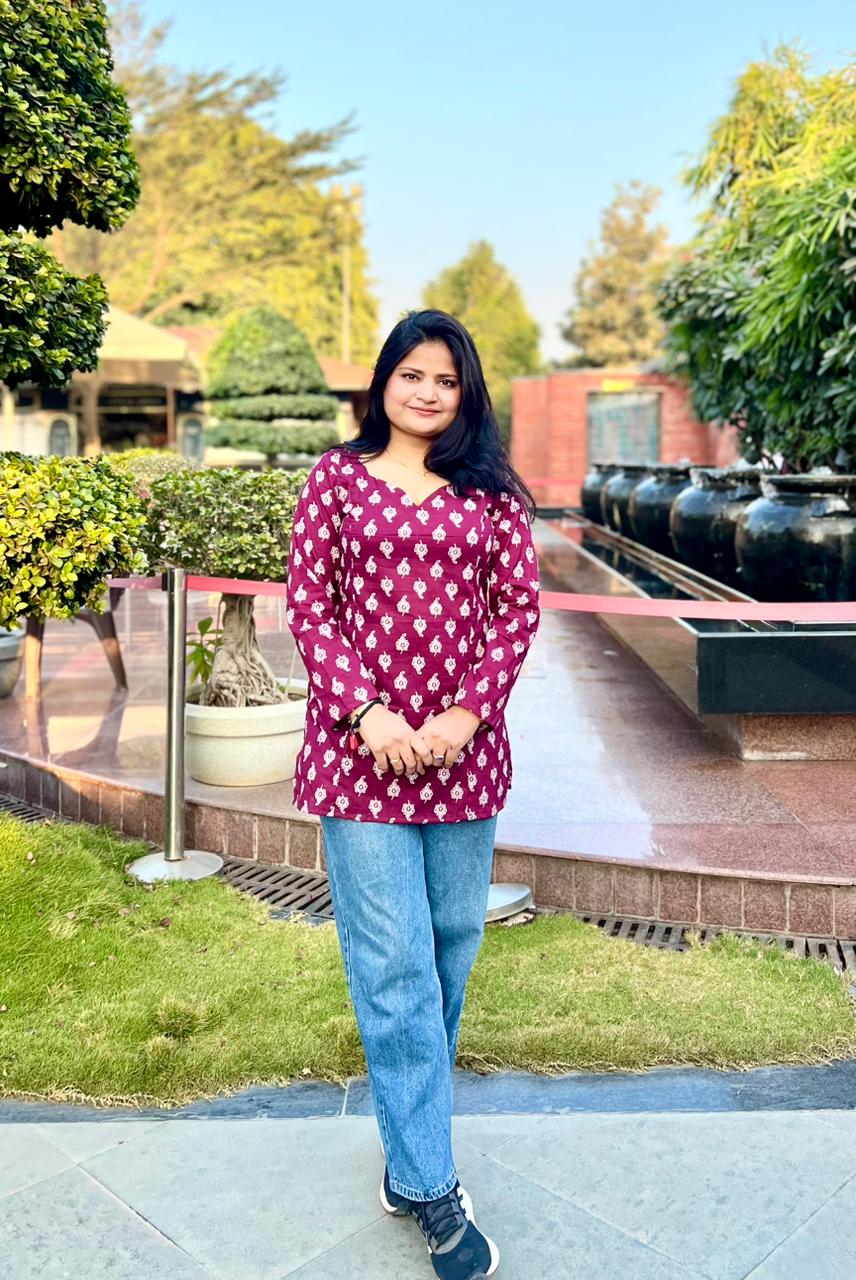 Wine Printed Cotton Kurti Top for Women